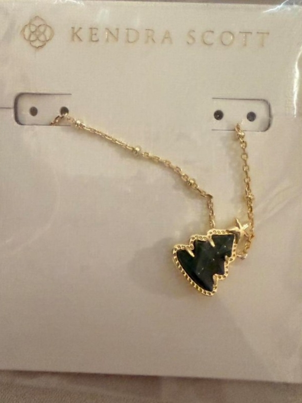 Kendra Scott Gold Necklace with Dark Green Tree Pendant
